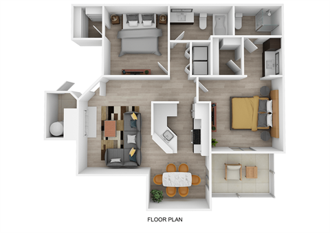 A floor plan of a house with a living room, dining room, kitchen, and bedrooms.